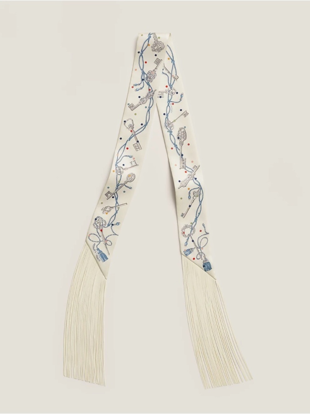 NWT Hermes Les Cles a Pois leather fringes Twilly Crème Gris Perle Multicolore